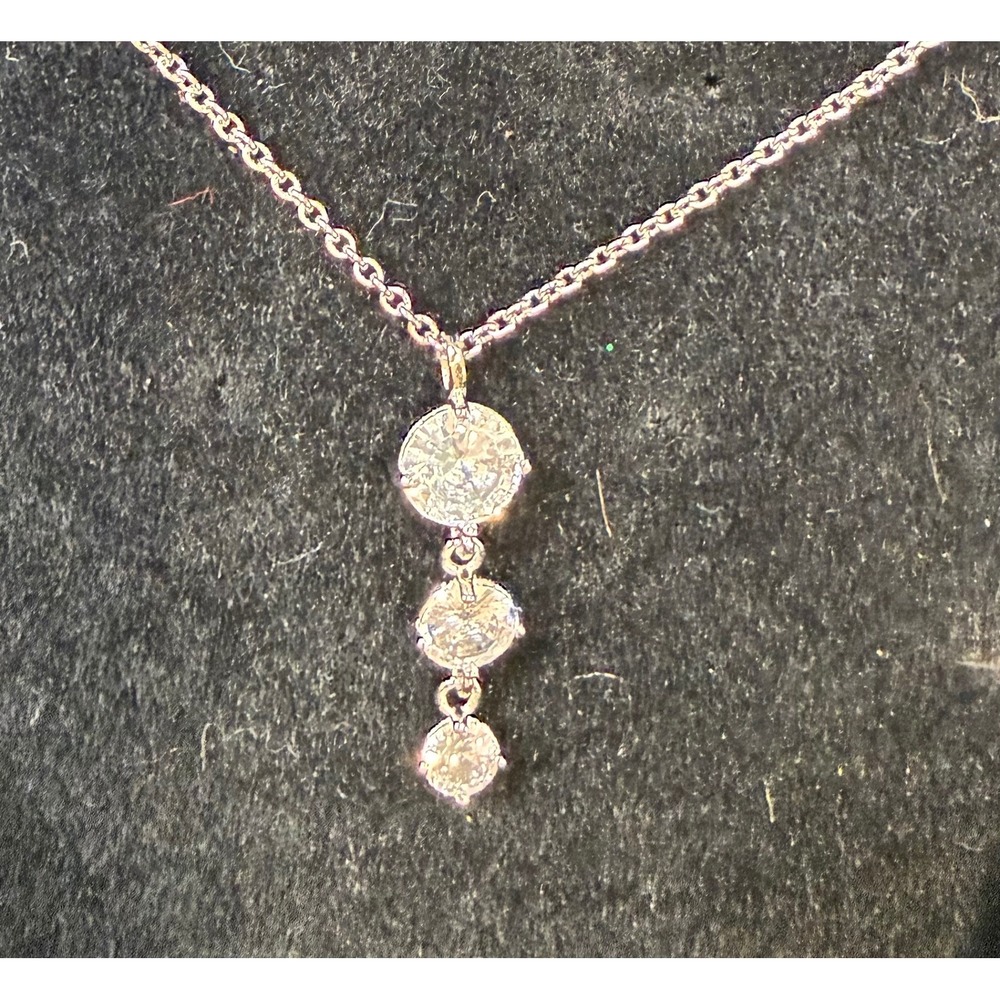 Nine West Silver Tone Graduated Triple Crystal Drop Pendant Necklace with Box